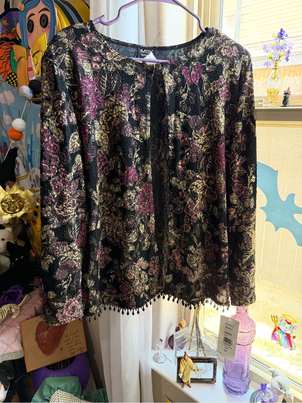 Y2k MSK women Open-Front purple floral print beaded hem cardigan